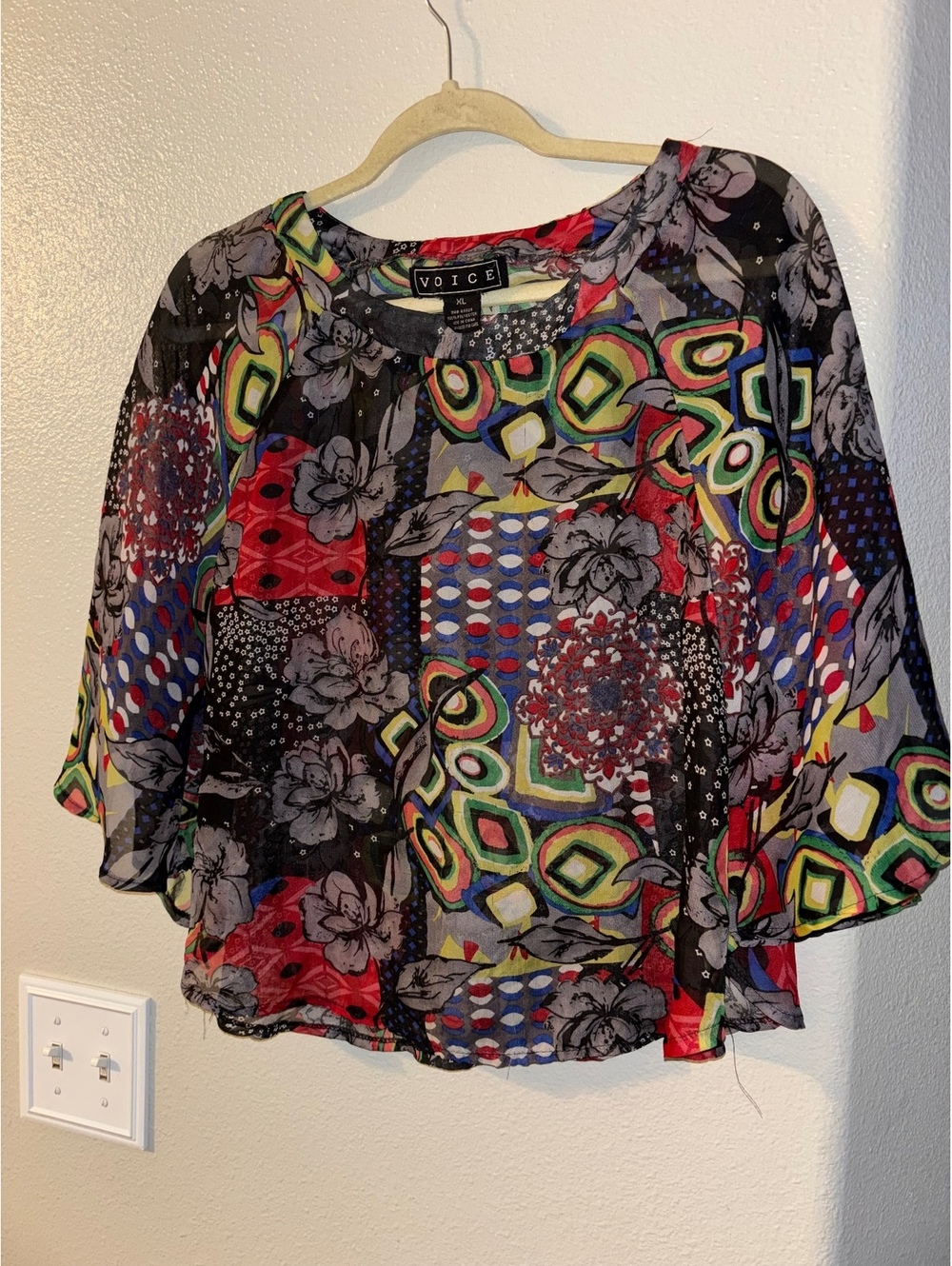 Voice Sheer Abstract Geometric Floral Poncho Blouse XL